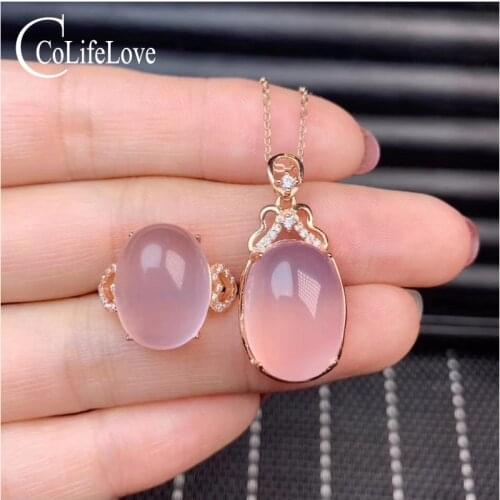 CoLife Jewelry Sterling Silver Gemstone Jewelry Set for Daily Wear Real Rose Quartz Jewelry 925 Silver Rose Quartz Ring Pendant