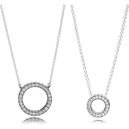 2 Size Clear CZ Hollow Round Pendant Choker Hearts Statement Necklaces for Women 925 Sterling Silver Chain Necklaces Jewelry