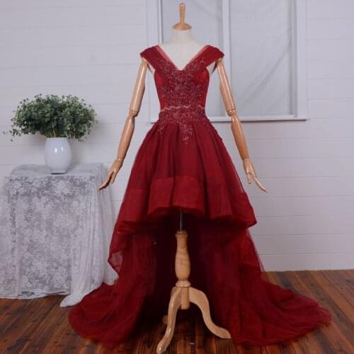 After short before long v-neck wine red Prom pearls vestido de festa real photos evening gown 2018 mother of the bride dresses
