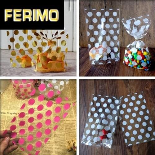100pcs Gold Pink White Polka dots Transparent Cookies Bags - Cellophane Bag - Candy Bags