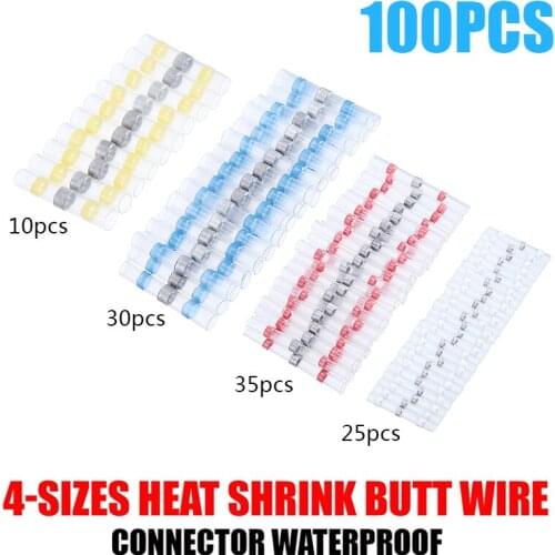100pcs 4 Sizes Electrical Wire Terminals Heat Shrink Butt Waterproof Solder Seal Sleeve Tube Splice Connectors Terminals Kit