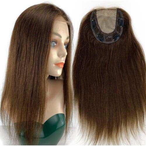 #4 Brown Hair Replacement Skin Topper for Women Virgin Human Hair Scalp Silk Top 5.5" X5.5" with 0.5cm Transparent Lace Clip Ins