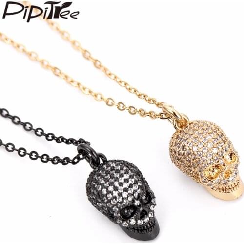 Pipitree Trendy White Cubic Zirconia Stones Paved Skull Head Pendant Necklace for Men Women Copper Chain Mens Pendant Jewelry