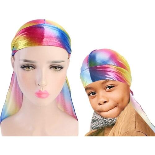 2pcs set kids laser durag silky headwrap Bandanas Silk Laser Bandana Hat Fashion Turban Polyester Durag Rag Tail Headwrap