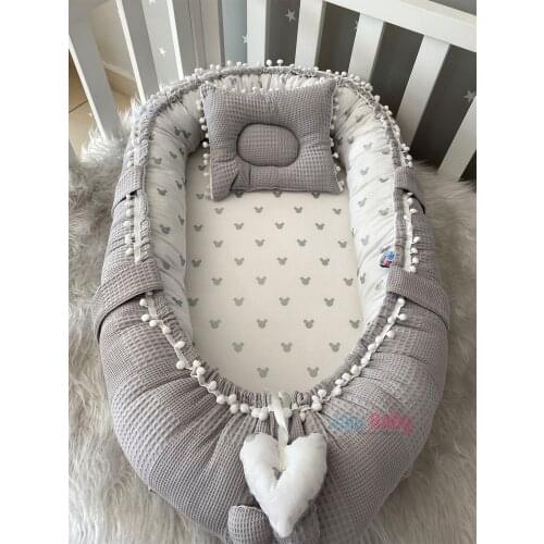 Jaju Baby Handmade, Gray Waffle Pique Fabric Micky Design Babynest with Pompom