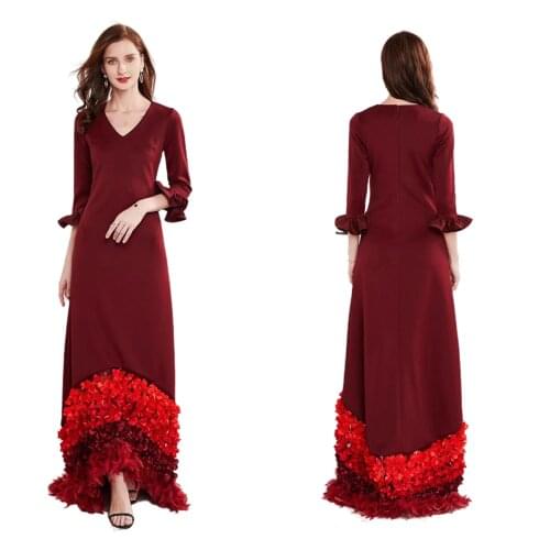 European and American winter long sleeve wine red banquet Engagement Wedding velvet evening dress