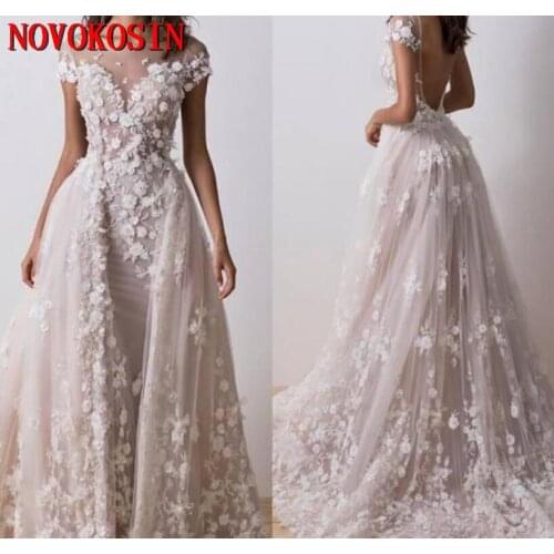 Lace Mermaid Wedding Dresses 2019 Sheer Neck Short Sleeves Backless 3D Applique Foral Wedding Gown Bridal Gown Vestidos De Noiva