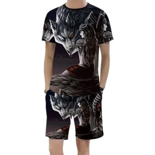Fashion Chinese style beauty suit summer short-sleeved T-shirt + shorts 2-piece set of casual large size 3D wolf mens clothing