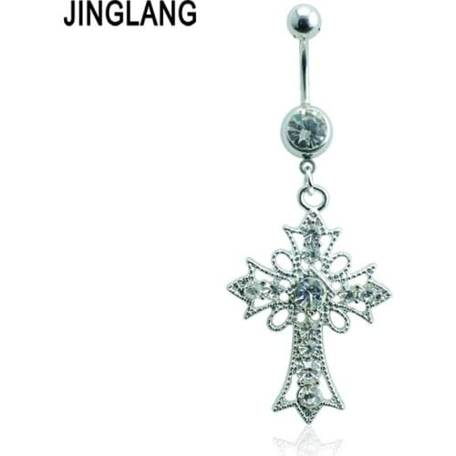 Wholesale Price! Fashion Dangle White Rhinestone 316L Stainless Steel Hollowed-out Cross Belly Body Piercing Jewelry