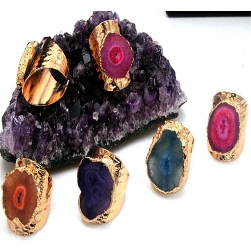 Wholesale 6pc/lot Natural stone ring sunflower raw stone plating gold opening adjustable wide irregular golden ring free size