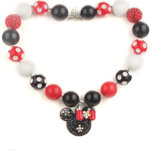 Girls Lovely Alloy Mic.key Mouse Charm Pendant Necklace Kids 20mm Black White Red Beads Chunky Bubblegum Necklace Baby Presents