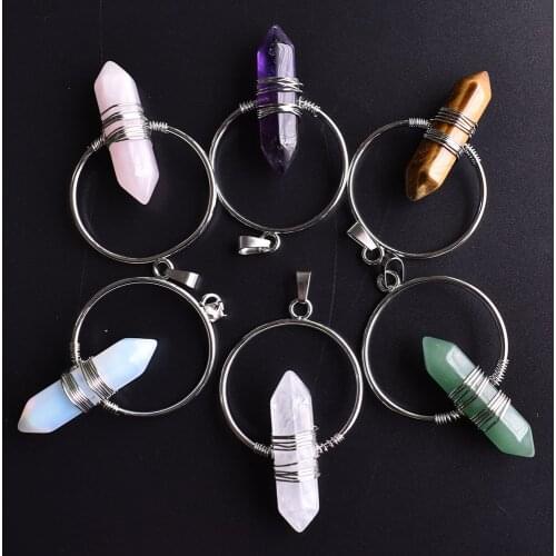 Natural Stone Healing Pointed Pendant Necklaces Hexagonal Column Circle Winding Wire Bullet Crystal Women Yoga Jewelry 6pcs