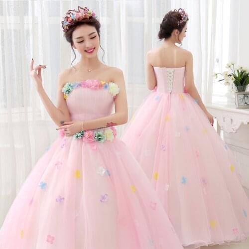 Pink Strapless Quinceanera Dresses 3D Flower Floor-Length Vestidos Sweet 16 years Lace up back Party Prom Summer Ball Gown