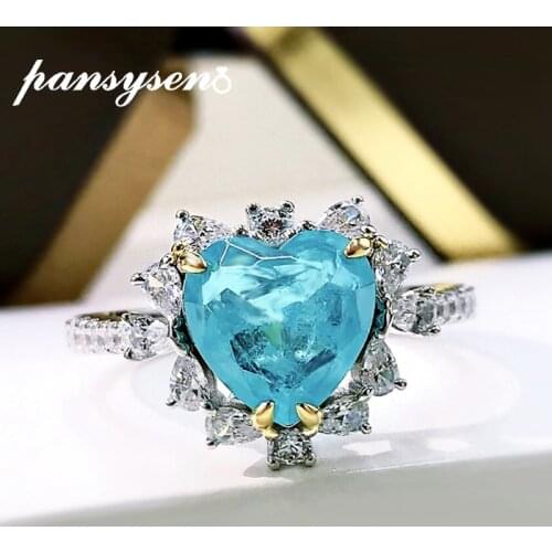 PANSYSEN Luxury Heart Cut Solid 925 Sterling Silver Paraiba Tourmaline Created Moissanite Gemstone Engagement Ring Women Jewelry