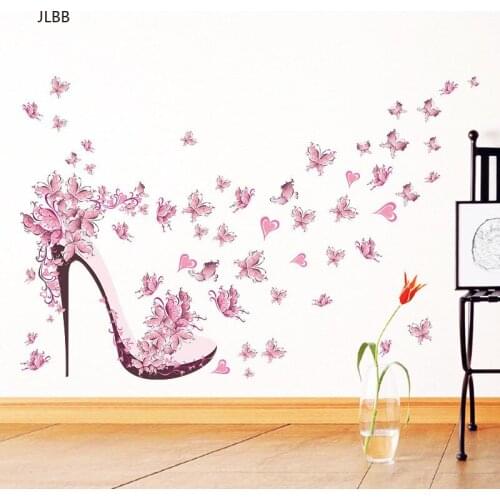 Pink butterfly high heels Wall sticker for living room Girls room background decorations Decals Mural Art Stickers on the wall
