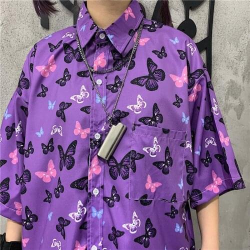 Korean INS Fashion Dark High Street Butterfly Print Loose Short sleeve Shirt Women Men Gothic Oversized Punk Female Shirts Tops