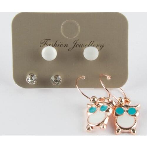 6'lı Owl Figured Cabochons Ring Earrings