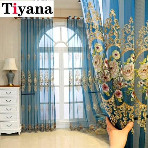 Blue Elgent Embroidered Curtains Sheer for Living Room Coffee Romantic Princess Window Screen Kitchen Tulle Drapes ZH441Z