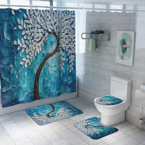 High Quality 3D Shower Curtains Creative Carved Tree Pattern Fabric Bathroom Curtain Anti-skid Bath Rugs Carpet Toilet Lid Cover