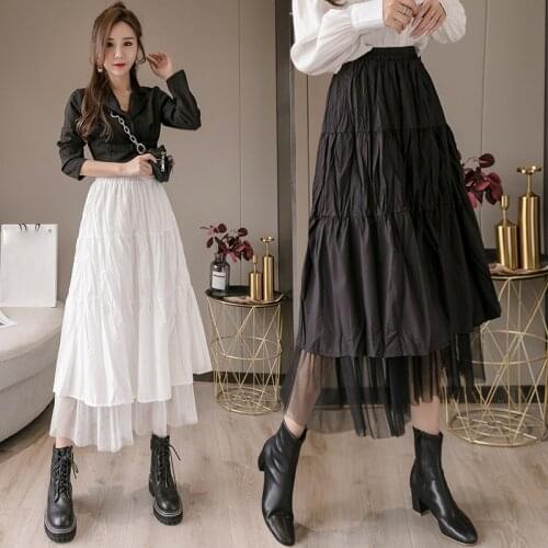 White Black Summer A-Line Skirt Women Spring Patchwork Tulle Skirt High Waist Midi Long Mesh Skirt Female All-Match Skirts Lady