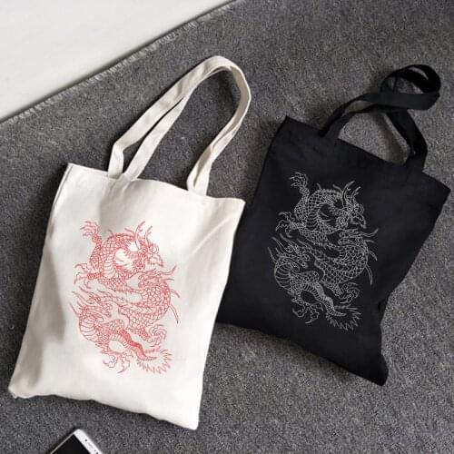 Womens Canvas bag shopping bag Harajuku Y2K Harajuku Retro Korean Style Dragon Gothic myth Print bag large-capacity handbag
