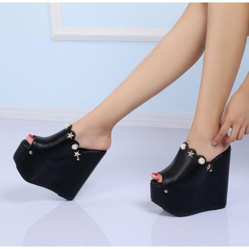 Womens Wedge Fish Toe Super High Heel Sandals Slope High Heels Slippers Drill 16CM Heels Ladies Shoes