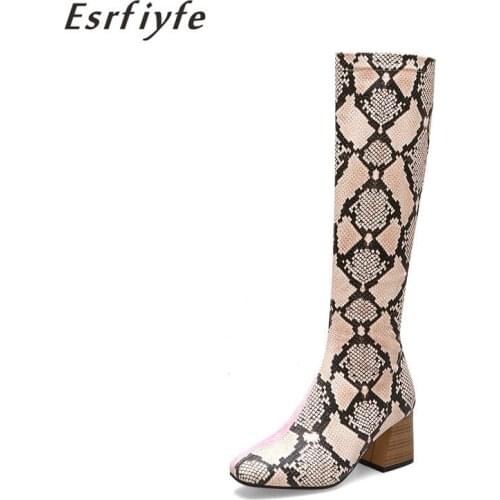 ESRFIYFE 2020 Women Boots Flock Over The Knee Boots Square Toe Autumn Winter Shoes Thick High Heels Ladies Boots Big Size 32-48