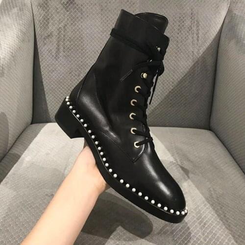 Sondra Pearl Combat Boots Beading Thigh High Winter Ankle Boots Lace Up Heels Shoes Woman Leather Booties Brand Botas Mujer