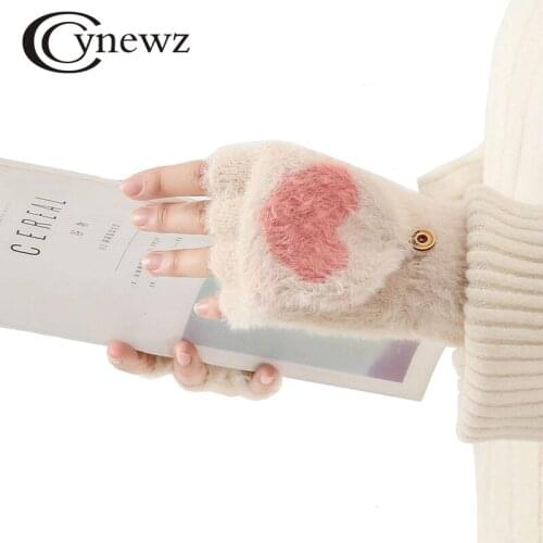 Women Knitted Fingerless Gloves Winter Warm Ladies Pink Heart Wool Half Finger Gloves Mitten Female Hand Wrist Mittens