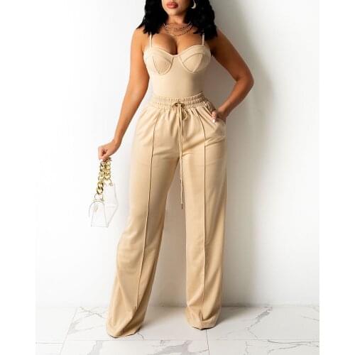 2021 New Pre-fall Women Sexy Zipper Back Cami Top & Wide Legs Contrast Pipping Pants Set Summer Fashion Two Piece Suits Outfits