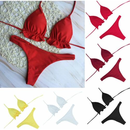 Girls Women Sexy Casual Solid Color Lace Up Thong Triangle Push Up Padded Bikini Set Swimsuit Bathing Beach Two-Piece Swimwear