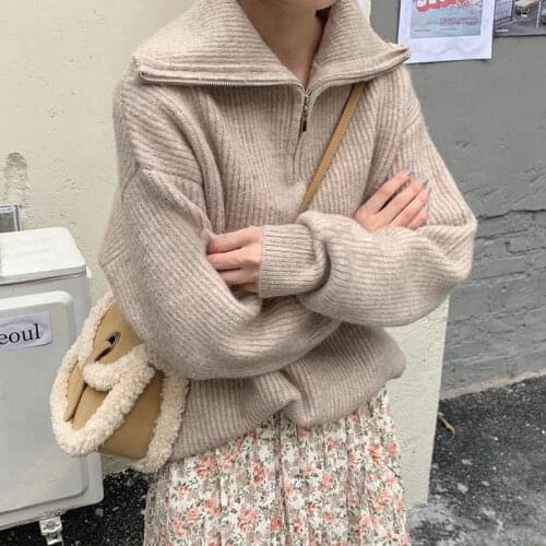 Women Sweater Oversize Zipper Knitted Pullover Long Sleeve Solid Color Loose Ladies Sweaters Autumn Winter Womens Turtleneck