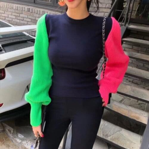 2020 New Women Sweater Puff Sleeve Color Matching Sweater Women Vintage All Match Knitting Top Autumn Fashion Sweaters Elegant