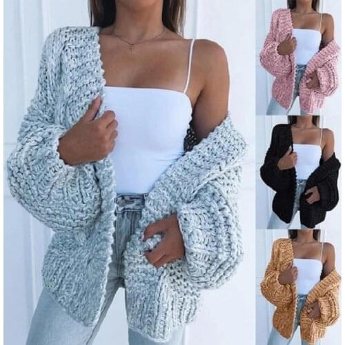 Women Cable Knitted Cardigan Winter Fashion Solid Color Lantern Sleeve Oversize Sweater Casual Front Open Coat Outerwear 2021