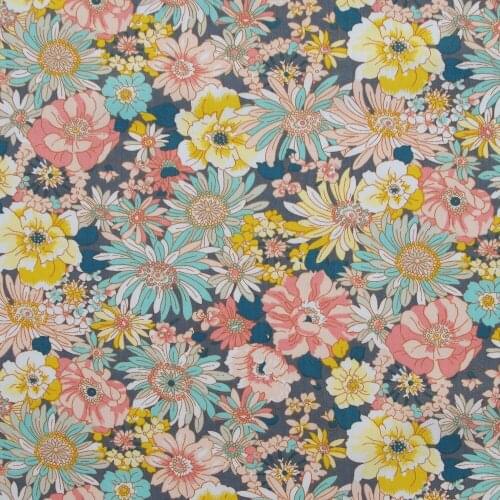 1 Yard Cotton Poplin Fabric for Sewing Patchwork, Dress, Cloth, Bedding - Big flowers(Yello and blue flower) (width=140cm)