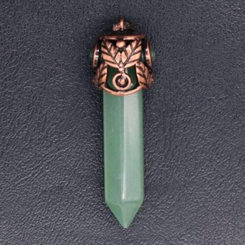 100-Unique 1 Pcs Copper Plated Leaf Hexagon Column Natural Green Aventurine Pendant Vintage Jewelry