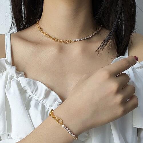 18K Gold Chain Bracelet Necklace Jewelry Set Zircon Clavicle Chain Simple Fashion Party Jewelry Birthday Gift Earrings for Women