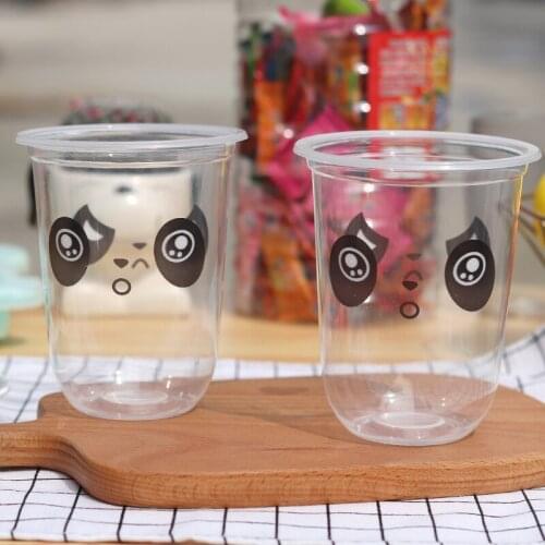 50pcs Net red 95mm caliber transparent plastic cups 500ml packaging coffee milk tea juice drinking dessert cups with bear lid