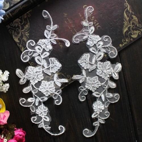 27*11cm Off White Wedding Dresses Lace Applique Accessories Material Patch fabric Embroidery mirror pair