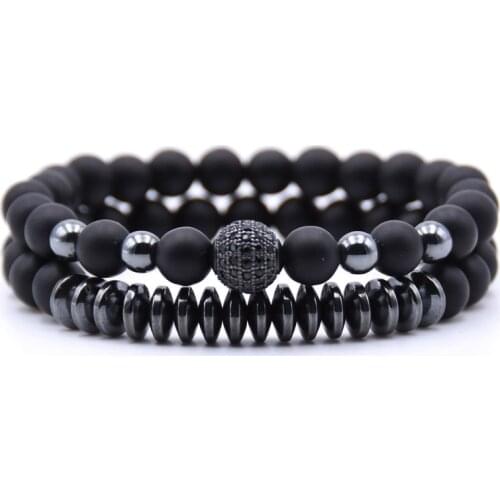 KANGKANG 2PCS/Set Matte Black Natural Stone Bracelet 8mm Elastic Rope Bead Hematite Bracelet Fashion Men Women charm Jewelry