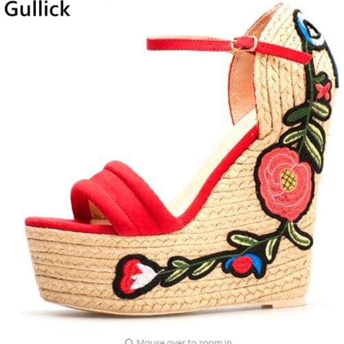 Floral Braided Super High Wedges Platform Sandals Embroidery For Woman Sexy Peep Toe Buckle Strap Prom Wedding Shoe