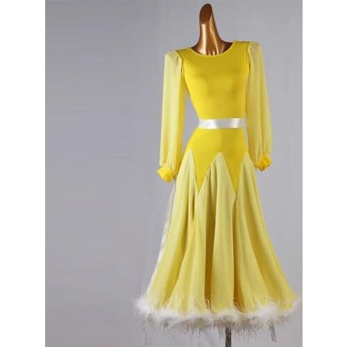Women Yellow Ballroom Competition Dance Dress Tango Waltz Dancing costumes With Feather