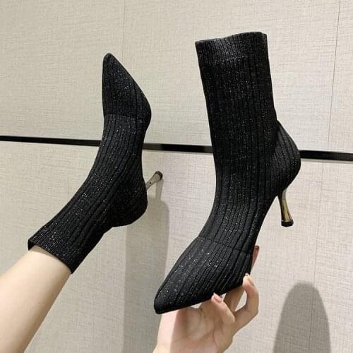 Elastic Knit Socks Women Boots Autumn Winter New Pointed Toe Thin Heels Ankle Boots Slim-flash Bling Fashion Boots