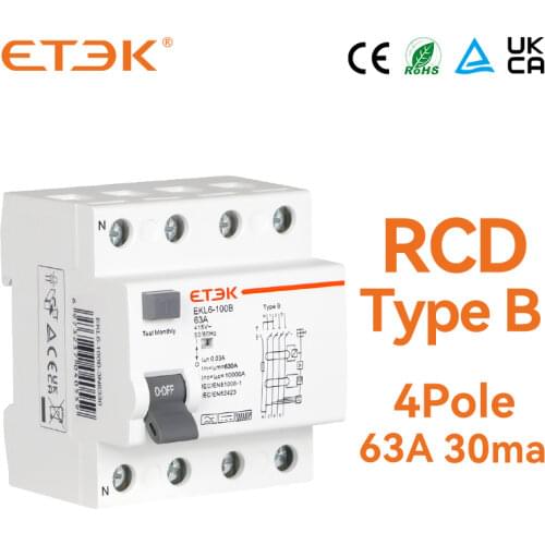 ETEK EKL6-100B-3N6330 RCCB 10KA 3P+N 63A 30mA Type B