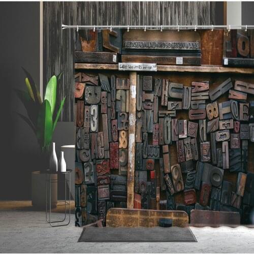 Europe Old Fashioned Wood Grain Shower Curtain Vintage Industrial Windmill Plate Wall Letter Plate Bathtub Decor Waterproof