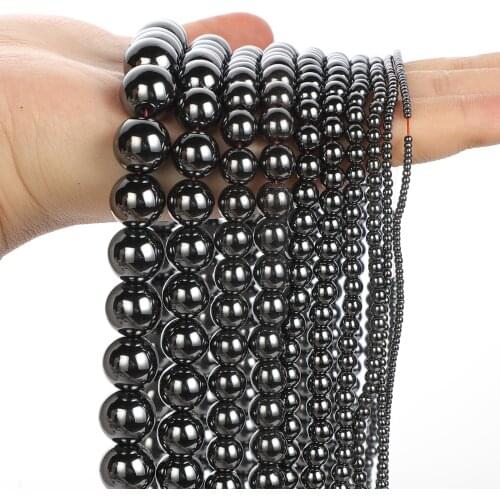 Smooth Black Hematite Natural Stone Beads Round Loose Spacer Beads for Jewelry Making DIY Bracelets Accessories 1/2/3/4/6/8/10MM