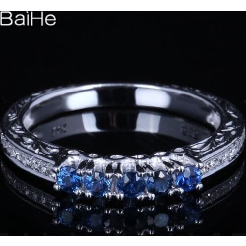 BAIHE Sterling Silver 925 0.45CT Certified H/SI Round Genuine Natural Sapphire Diamonds Women Trendy Fine Jewelry Sapphire Ring