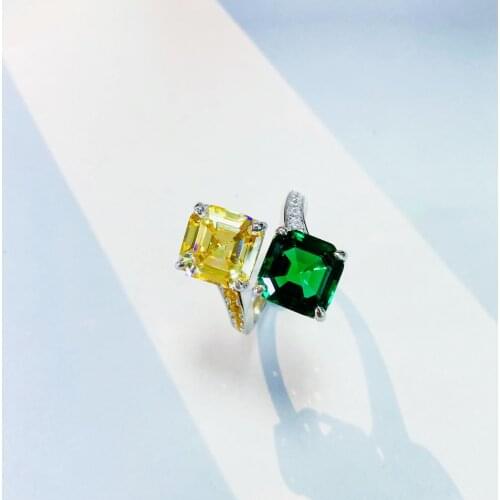 100% 925 Sterling Silver 10*10MM Shining Emerald Citrine Ring Anniversary Wedding Bands Fine Jewelry Rings For Women