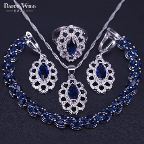 Silver color jewelry set blue Zircon white CZ jewelry for women pendant/necklace/earrings/rings/bracelets set