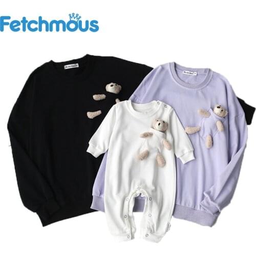 Family Matching Sweater Outfits Solid Color with Cartoon Bear Spring Fall Mommy Father Kids Clothes Top Baby Boy Girl Romper Set